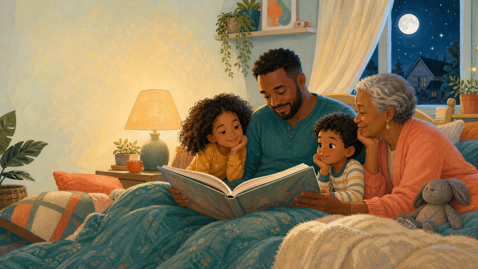A family reading together in a youth-friendly illustration
