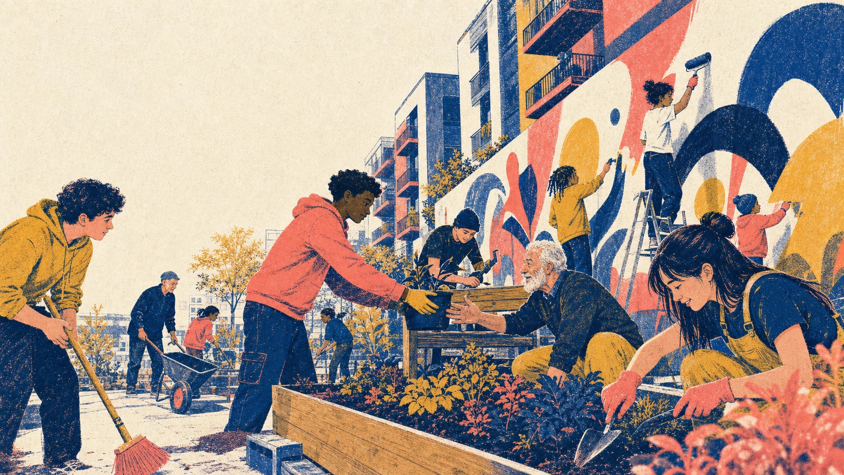 An energetic community courtyard scene